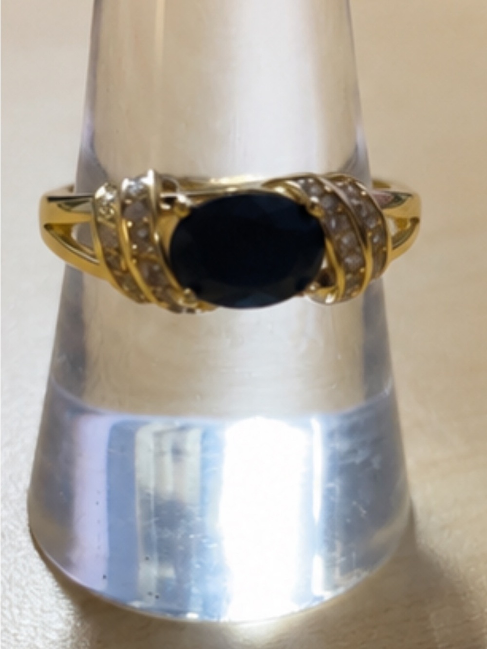Gold Tone Ring with Deep Black Center Stone and Accent CZ Stones NEW